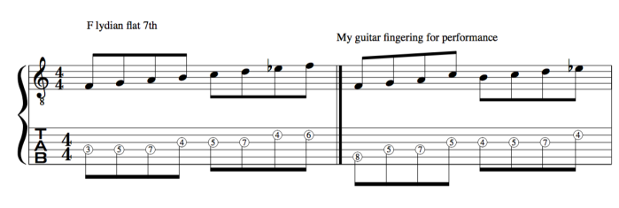 F Lydian falt 7th scale guitar fingering example