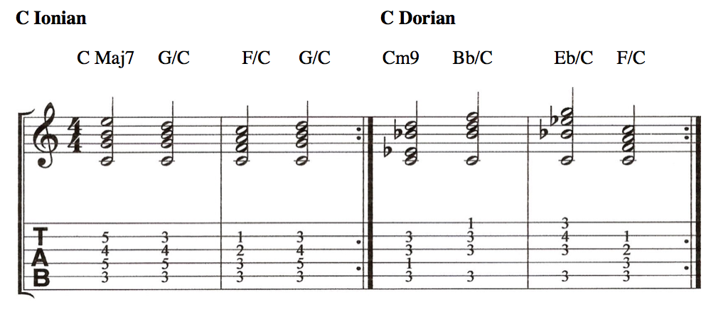 Modal Chords of Music Harmony Lesson. Ionian and Dorian Chord Sequences  music theory modal composition lesson