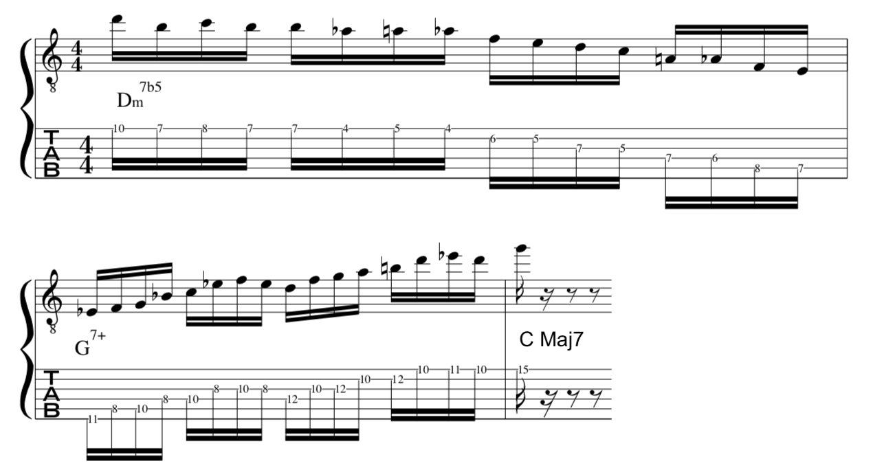 John, Mclaughlin, iim7b5, V7+, I Maj7,  Harmonic, melodic,  minor, Lick, examples, lesson, tab