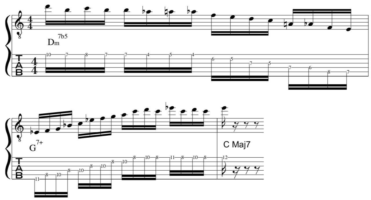 John, Mclaughlin, iim7b5, V7+, I Maj7,  Harmonic, melodic,  minor, Lick, examples, lesson, tab