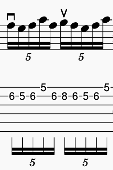 Musical notation with notes and tablature for guitar, showcasing various rhythms and groupings of John McLaughlin guitar techniques.