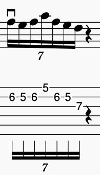 Music notation showing a sequence of notes with a 7 for John McLaughlin alternate picking and time signature.