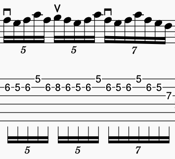 Sheet music notation showing guitar tabs and rhythmic markings for musical phrasing, prime numbers and John McLaughlin's alternate picking techniques.