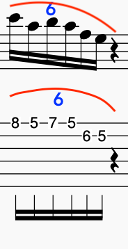 Musical notation illustrating a sequence of six notes. McLaughlin's  a rhythmic pattern.