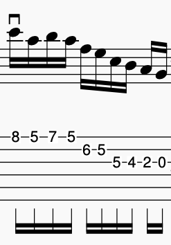 A musical notation sheet showing rhythmic patterns and guitar tabs for John McLaughlin prime number guitar technique.