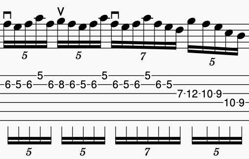 Sheet music displaying a John McLaughlin guitar exercise with notes, including various groupings and techniques for alternate picking.