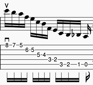 Musical notation showing a series of notes and tablature for guitar, with specific symbols indicating John McLaughlin's  rhythm and phrasing.