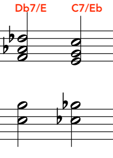 Sheet music displaying the chords Db7/E and C7/Eb from Strauss Elektra Chord.