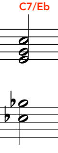 Musical notation of the chord C7/Eb showcasing the notes and structure to vary Strauss's elektra chord.