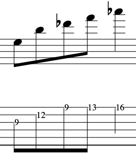 Musical notation showing a guitar tab and sheet music for the elektra  chord arpeggio with notes and finger positions.