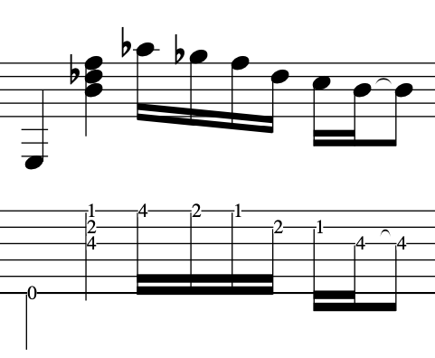 Musical notation for the Elektra chord  and improvised line with accompanying tablature for guitar.