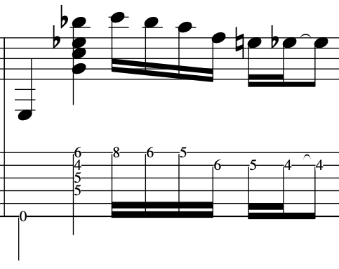 Musical notation showing a chord progression with the elektra chord  for guitar, including finger placements and notes.