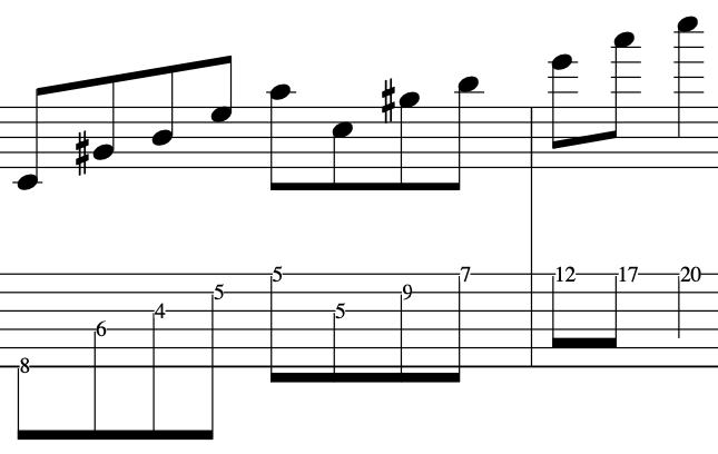 Sheet music notation displaying schoenberg's "Farben" chord  featuring a C Augmented chord with a Maj7th and 13th. The notes are arranged across multiple staves, showcasing various voicings and articulations.