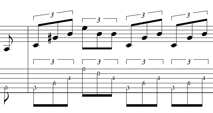 Sheet music depicting a guitar tab and notation for an arpeggio outline of the Farben chord.