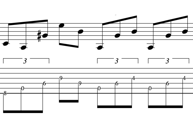 Sheet music showing musical notes and guitar tablature for a chord progression.