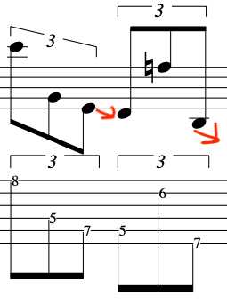 Musical sheet displaying notes and indicators for guitar playing, including directional arrows for phrasing and finger placement.