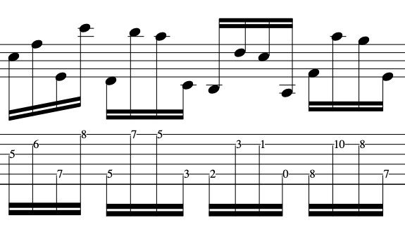 Musical notation displaying a contrpuntal sequence for guitar picking, featuring treble and bass clefs and tab with notes and measures.