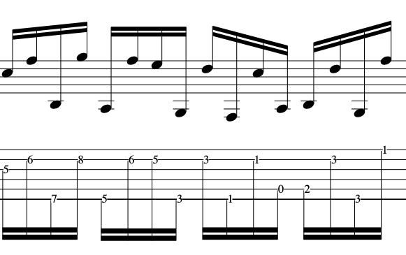 Sheet music showing a series of notes and a guitar tablature for a prelude, illustrating counterpoint ideas for the plectrum guitar picking techniques
