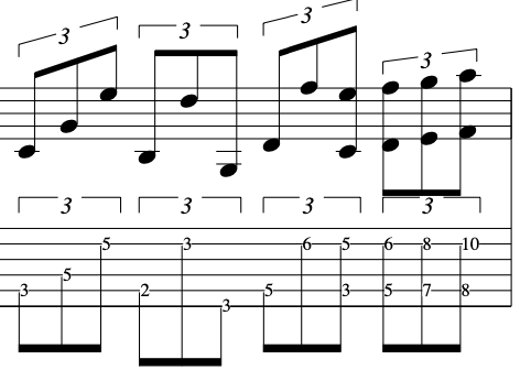 Musical notation for a guitar piece featuring notes and tablature, illustrating a series of musical ideas and chord progressions for plectrum guitar techniques.