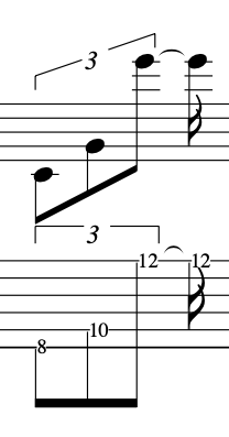 Musical notation showing guitar tablature and standard notation, with notes and rests for a melody in guitar counterpoint.