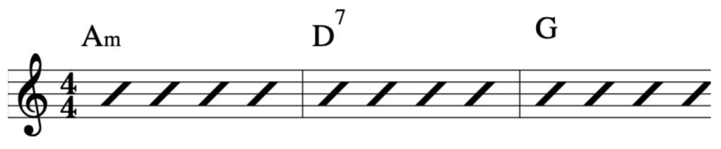 A musical notation showing a ii-V-I chord progression in the key of G major, featuring Am, D7, and G chords.