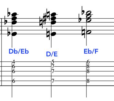 Musical notation showing 7sus4 chords Db/Eb, D/E, and Eb/F with corresponding finger positions.
