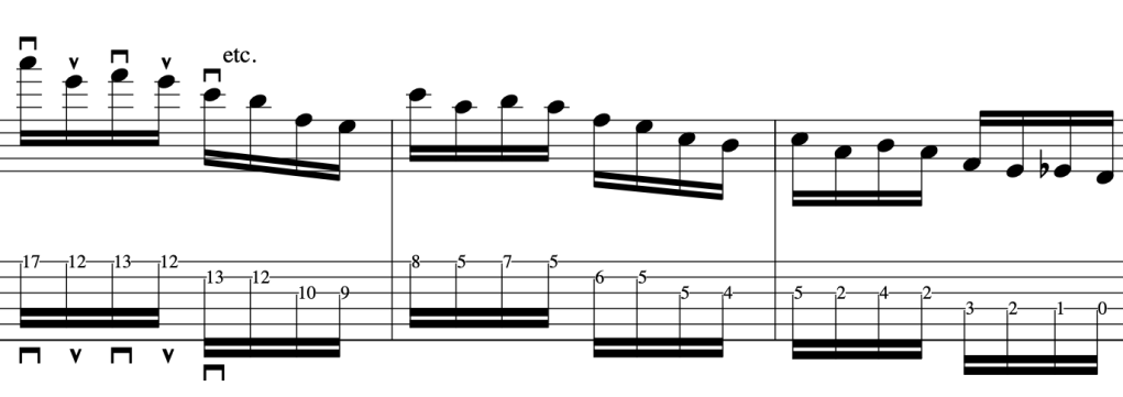 Sheet music illustrating alternate picking guitar technique with note placements and rhythmic accents.
