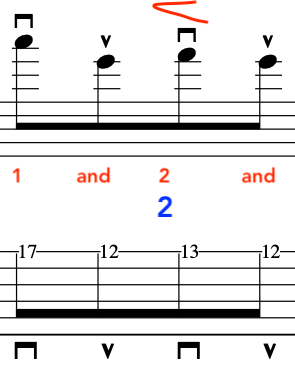 A notated sheet music example illustrating a rhythmic guitar exercise focusing on alternate picking, with notes and accents marked.