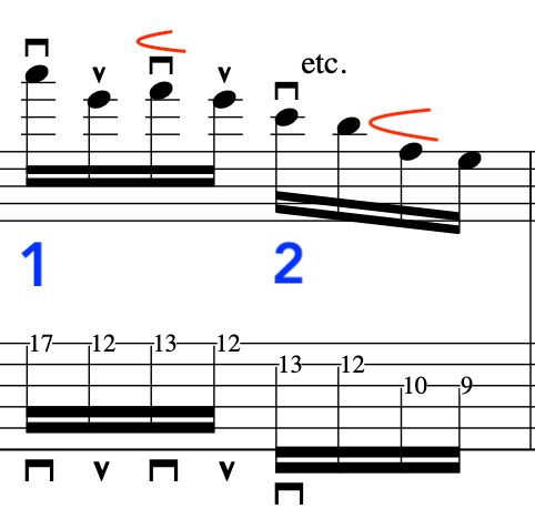 A music sheet displaying rhythmic notations for alternate picking technique, featuring notes and accents.