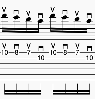 Musical notation sheet showing a series of sixteenth notes organized in a four-note pattern with specific accents indicated.