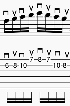 Sheet music displaying guitar notes with alternate picking notation, including accents and rhythmic groupings. 2 string repetitive exercise.