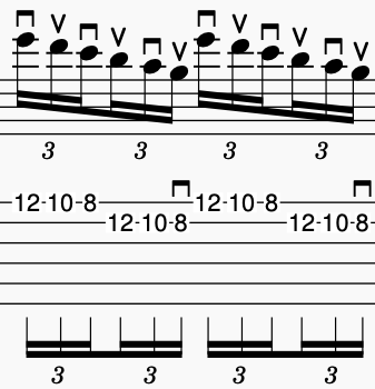 Musical notation illustrating alternate picking 2 string exercise technique with accentuated notes and rhythmic groupings.