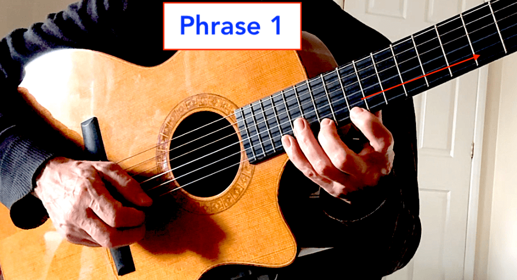 Close-up of a person playing a guitar, with fingers positioned on the fretboard demonstrating a musical phrase labeled 'Phrase 1' for alternate picking guitar technique.