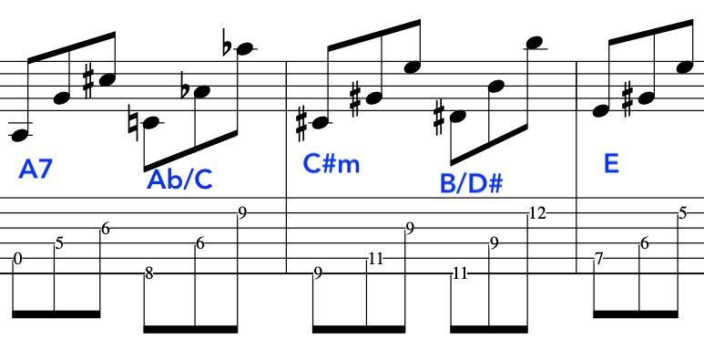 Sheet music displaying arpeggiated guitar  john mclaughlin chords A7, Ab/C, C#m, B/D#, and E for electric dreams electric sighs.