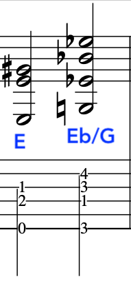 John McLaughlin guitar sheet music displaying E major and Eb first inversion chords with chord annotations.