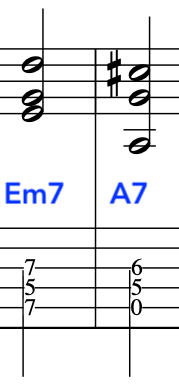 Sheet music showing the chords Em7 and A7, with guitar tab notation beneath.