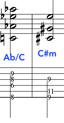 Sheet music showing chords Ab/C and C#m, with notes and staff lines for JohnMcLaughlin's song electric dreams electric sighs.