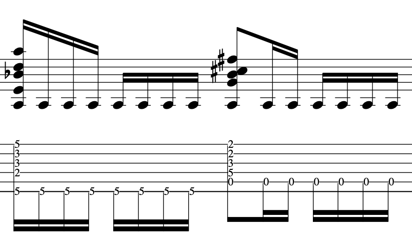 Musical notation for a John McLaughlin guitar pedal riff, showing measures with notes and tablature.