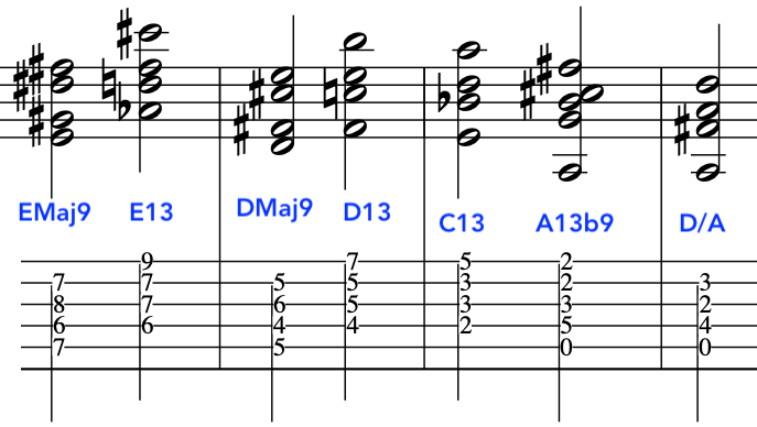 Musical notation chart displaying John McLaughlin's various chord voicings including EMaj9, E13, DMaj9, D13, C13, A13b9, and D/A.