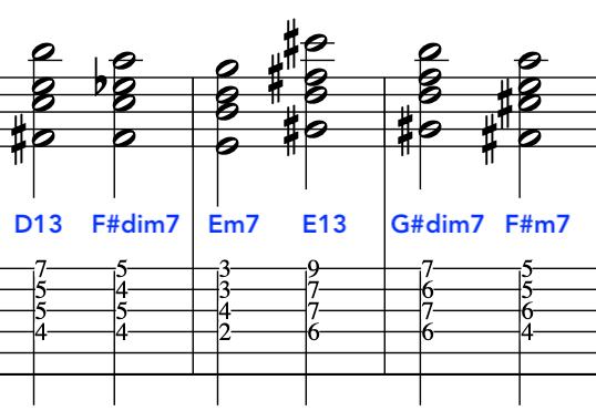 Chord chart showing musical notation for D13, F#dim7, Em7, E13, G#dim7, and F#m7 chords. John McLaughlin guitar harmony lesson.
