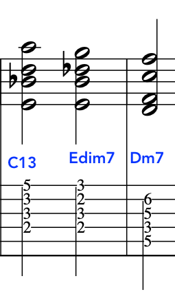Guitar chord diagram showing C13, Edim7, and Dm7 voicings.