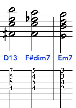 Sheet music showing chord voicings labeled D13, F#dim7, and Em7. John McLaughlin guitar chord examples.