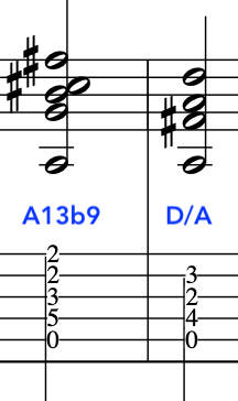 Musical notation showing the John McLaughlin A13b9 chord and D/A chord with finger placements for guitar.