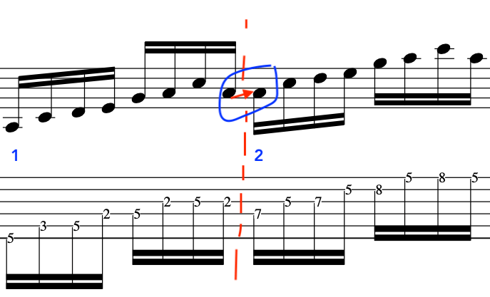 John McLaughlin sheet music depicting a guitar piece with notes and highlighted sections. Two distinct sections are marked with colored circles and arrows.