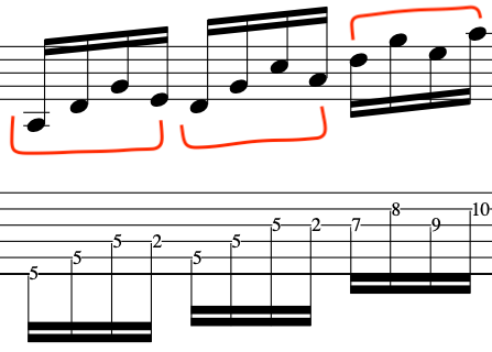 Music notation showing guitarist John McLaughlin's use of quartal harmony at the guitar when improvising