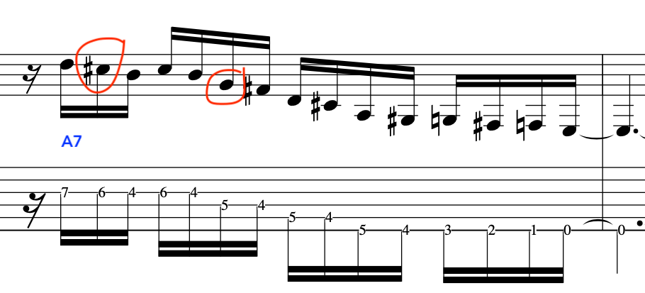 Musical notation for an A7 chord with highlighted notes and finger positions.