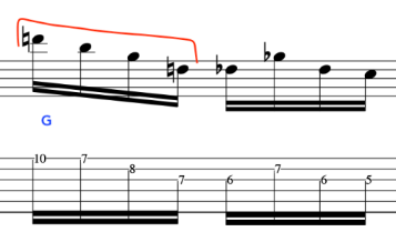 Musical notation showing a melodic line with notes and a highlighted segment in red, labeled with a G.
