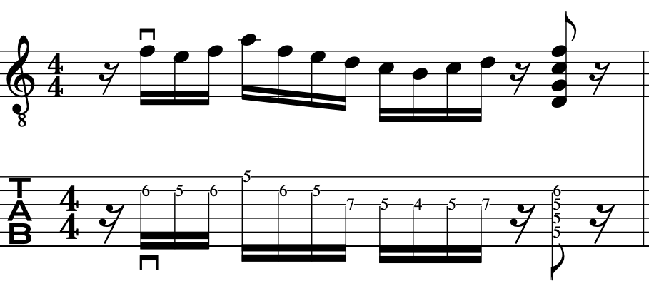 Musical notation for alternate picking guitar technique exercise on a staff in 4/4 time with notes for guitar, including standard notation and tablature. How to alternate pick easily.