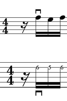 Sheet music with two measures in 4/4 time signature, featuring dotted quarter notes and half notes for alternate picking guitar technique.