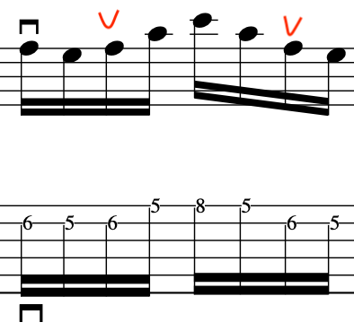 Musical notation sheet showing alternate picking guitar technique a series of notes and symbols, including two sections of tablature indicating finger placements on a stringed instrument.